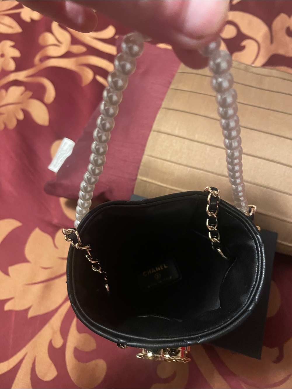 GWP Black Quilted Lambskin Mini Bucket with Gold Chain and Pearl Strap - Picture 15 of 17